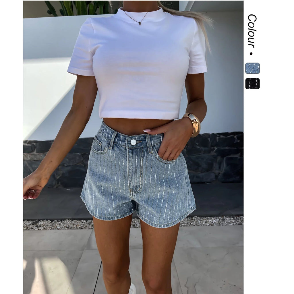 Short Taille Haute À Rayures Avec Coupe Droite Pour Femmes | Idéal Pour Saison Chaude