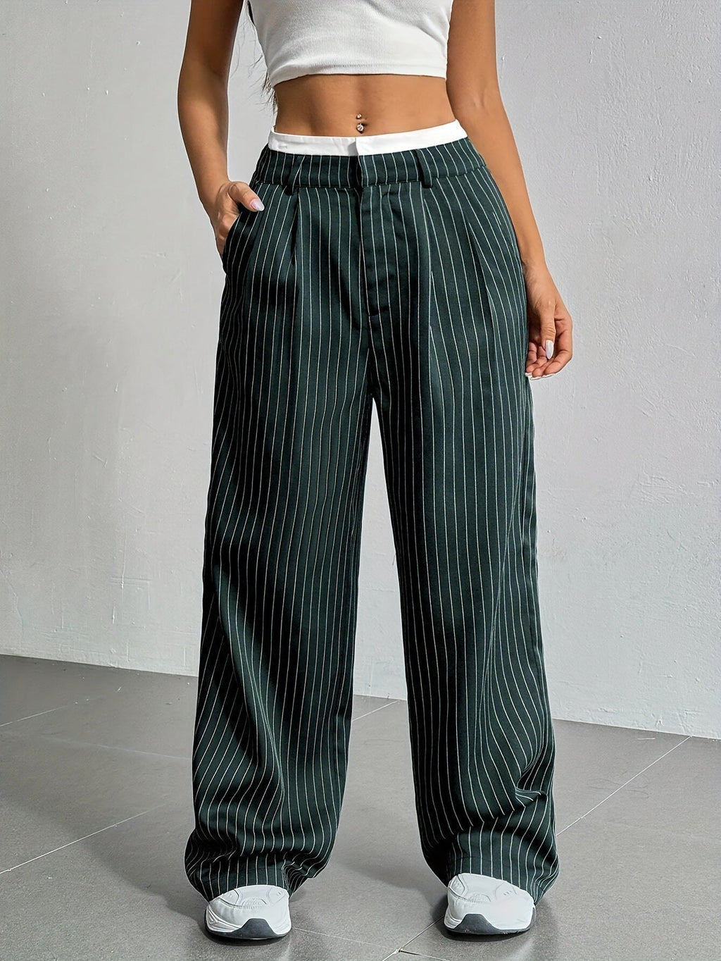 Pantalon Large À Rayures Verticales Avec Taille Élastiquée Pour Femme | Idéal Pour Tenues Quotidiennes