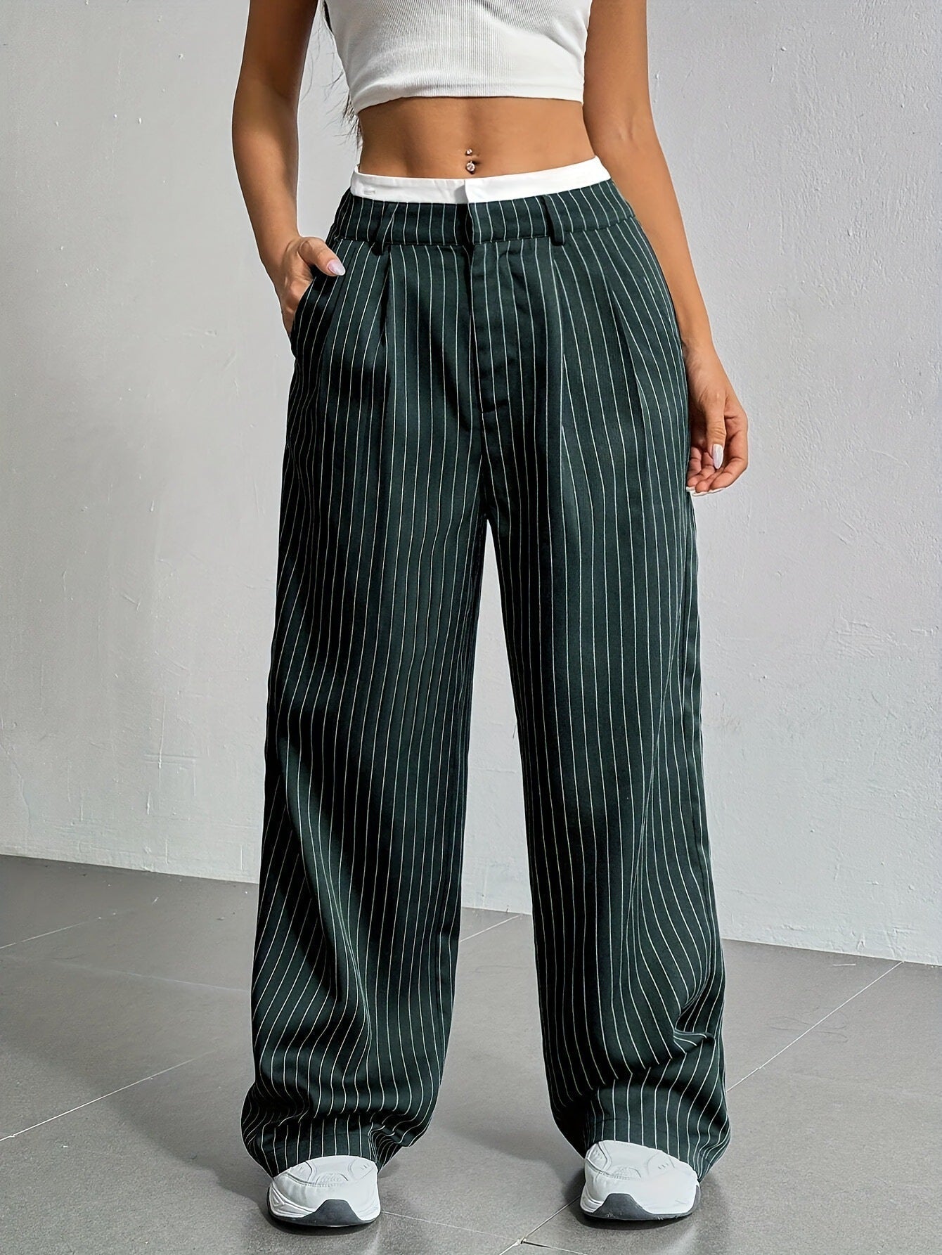 Pantalon Large À Rayures Verticales Avec Taille Élastiquée Pour Femme | Idéal Pour Tenues Quotidiennes