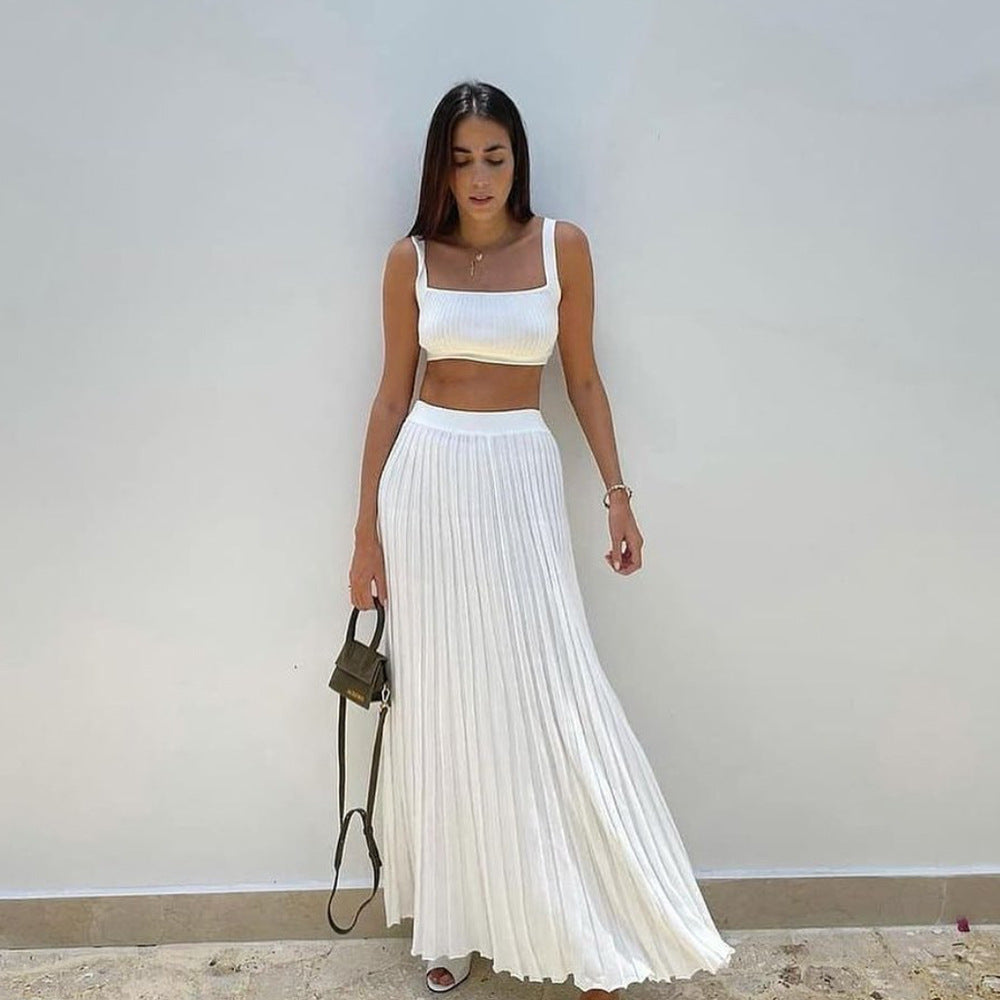 Ensemble Deux Pièces avec Crop Top Slim Fit et Jupe Maxi Plissée pour Femme | Idéal pour un Usage Quotidien