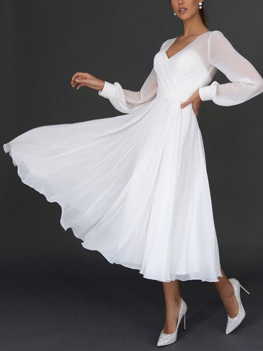 Robe Midi Blanche Avec Manches Longues Transparentes Et Décolleté En Cœur Pour Femmes | Adaptée Aux Tenues Formelles