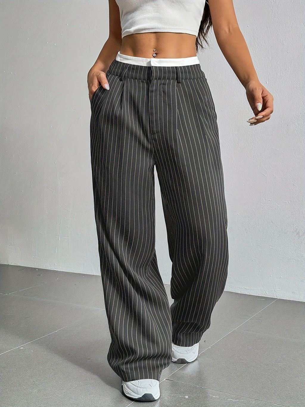 Pantalon Large À Rayures Verticales Avec Taille Élastiquée Pour Femme | Idéal Pour Tenues Quotidiennes