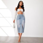 Jupe Midi En Denim Avec Fente Haute Et Ourlet Effiloché Pour Femme | Idéale Pour Le Quotidien Et Les Sorties Planifiées