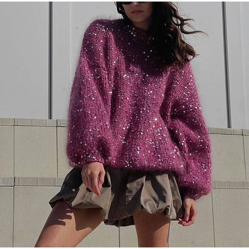 Pull À Col Rond Avec Paillettes Et Manches Lanterne Pour Femme | Idéal Pour Saison Froide