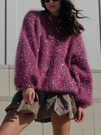 Pull À Col Rond Avec Paillettes Et Manches Lanterne Pour Femme | Idéal Pour Saison Froide