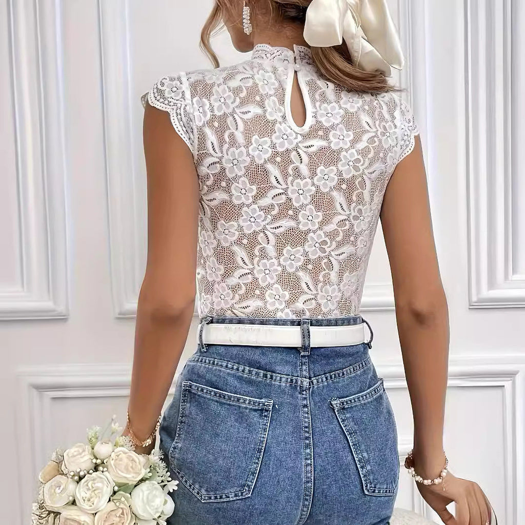 Top Sans Manches En Dentelle À Col Montant Et Coupe Ajustée Pour Femmes | Idéal Pour Usage Quotidien