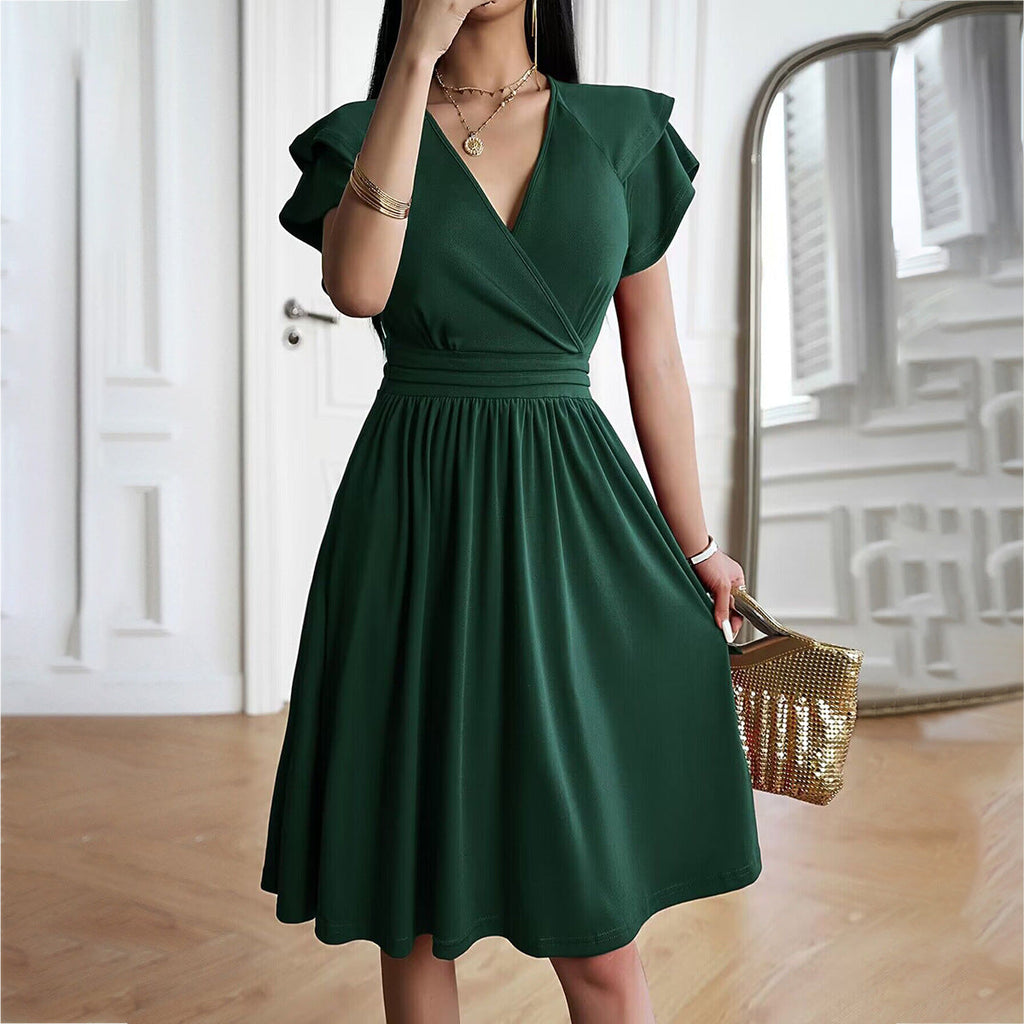Robe à Col V avec Jupe Trapèze Longueur Genou pour Femme | Idéale pour Quotidien et Sorties
