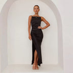 Robe Midi Avec Bretelles Spaghetti Et Encolure Drapée Pour Femme | Idéale Pour Les Occasions Formelles