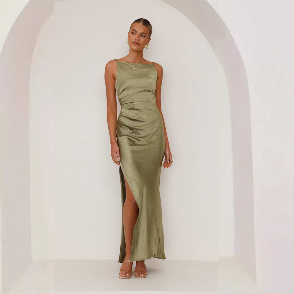 Robe Midi Avec Bretelles Spaghetti Et Encolure Drapée Pour Femme | Idéale Pour Les Occasions Formelles