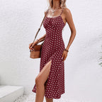 Robe Midi à Imprimé Pois avec Fines Bretelles et Fente Latérale pour Femme | Idéale pour Usage Quotidien et Événements