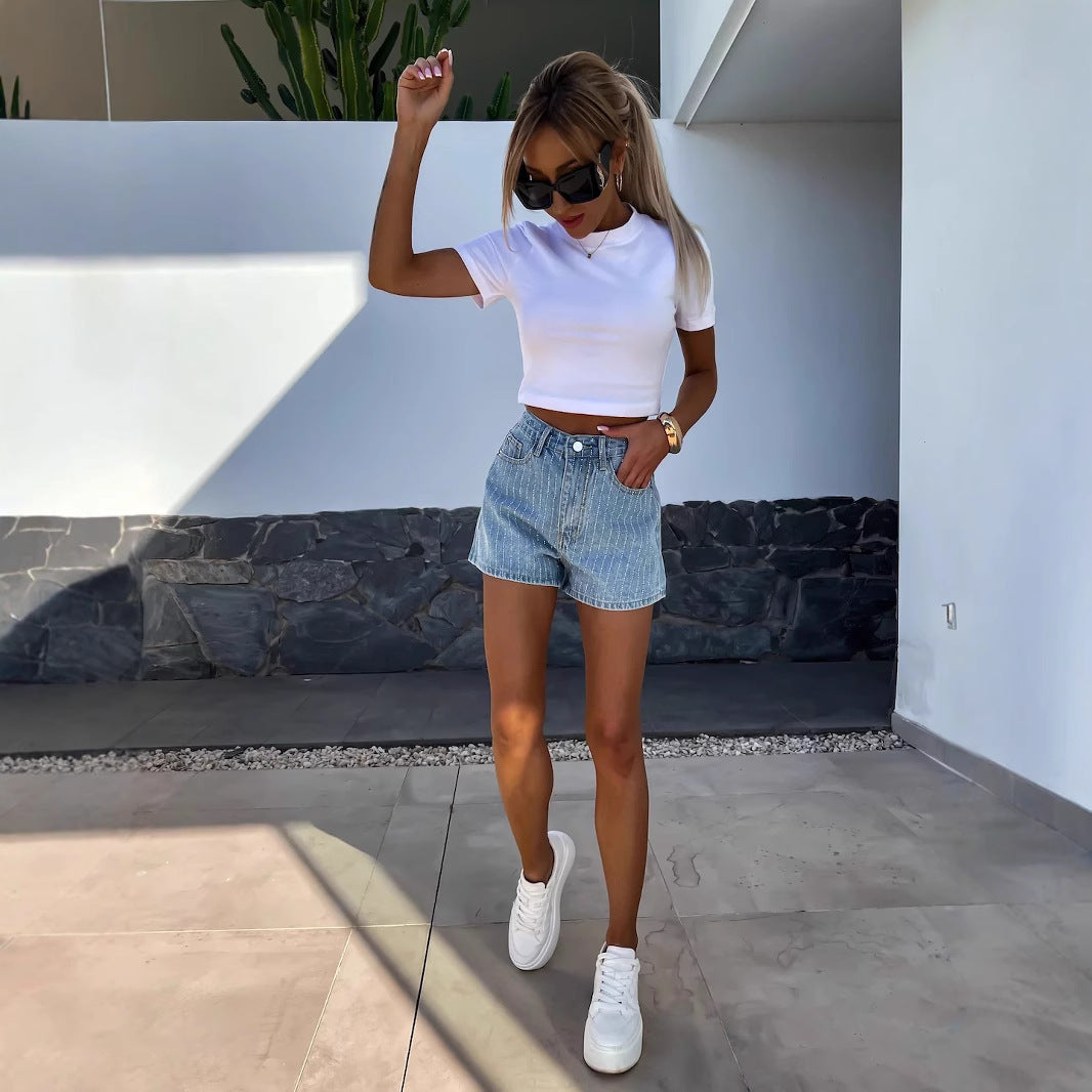 Short Taille Haute À Rayures Avec Coupe Droite Pour Femmes | Idéal Pour Saison Chaude