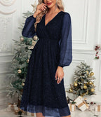 Robe Midi à Paillettes avec Manches Bouffantes Transparentes pour Femme | Idéale pour Soirées et Cérémonies