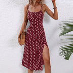 Robe Midi à Imprimé Pois avec Fines Bretelles et Fente Latérale pour Femme | Idéale pour Usage Quotidien et Événements