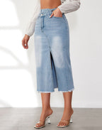 Jupe Midi En Denim Avec Fente Haute Et Ourlet Effiloché Pour Femme | Idéale Pour Le Quotidien Et Les Sorties Planifiées