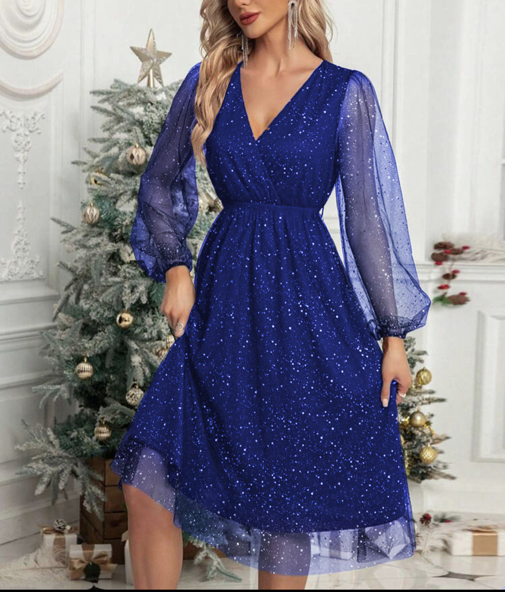 Robe Midi à Paillettes avec Manches Bouffantes Transparentes pour Femme | Idéale pour Soirées et Cérémonies