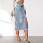 Jupe Midi En Denim Avec Fente Haute Et Ourlet Effiloché Pour Femme | Idéale Pour Le Quotidien Et Les Sorties Planifiées