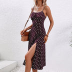 Robe Midi à Imprimé Pois avec Fines Bretelles et Fente Latérale pour Femme | Idéale pour Usage Quotidien et Événements