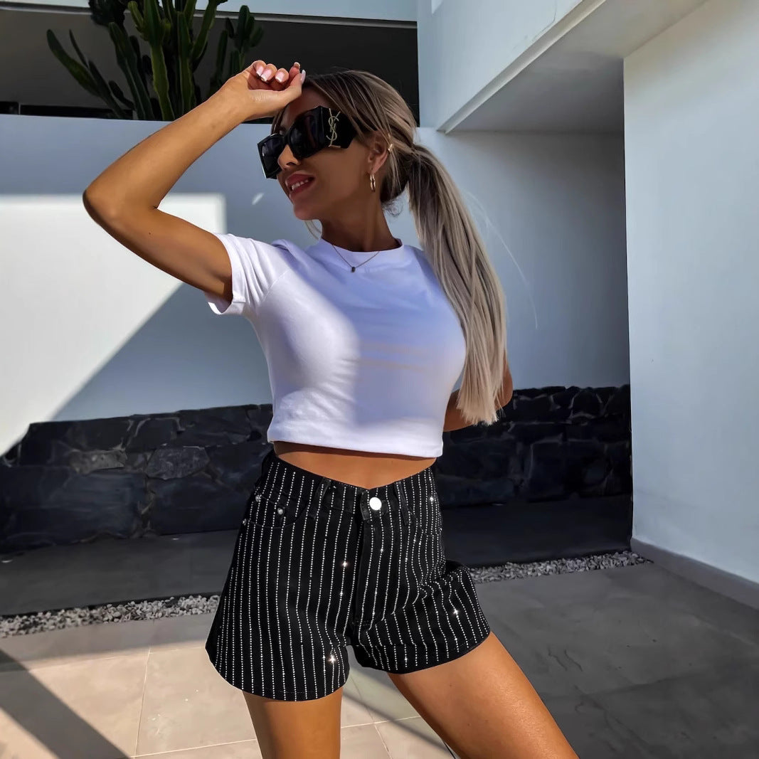 Short Taille Haute À Rayures Avec Coupe Droite Pour Femmes | Idéal Pour Saison Chaude