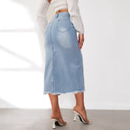Jupe Midi En Denim Avec Fente Haute Et Ourlet Effiloché Pour Femme | Idéale Pour Le Quotidien Et Les Sorties Planifiées