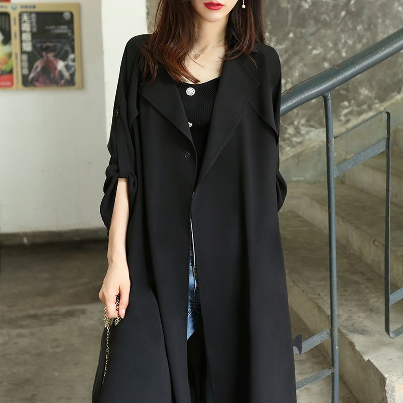 Trench-Coat Long Noir Avec Design Croisé Pour Femme | Idéal Pour Mi-Saison