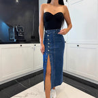 Jupe Midi En Denim Avec Fente Latérale Et Détails Boutons Pour Femme | Idéale Pour Le Quotidien Et Le Travail