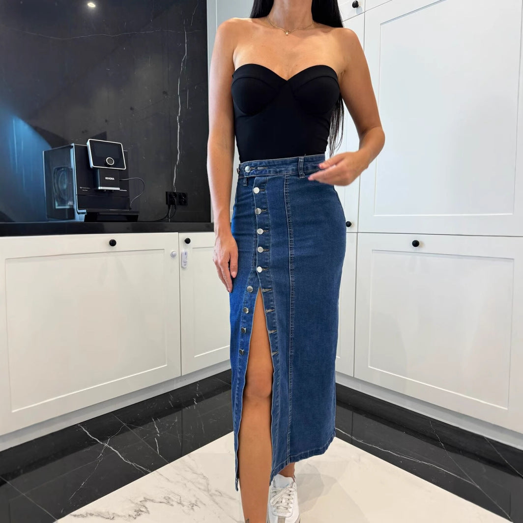 Jupe Midi En Denim Avec Fente Latérale Et Détails Boutons Pour Femme | Idéale Pour Le Quotidien Et Le Travail