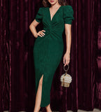 Robe Midi Ajustée avec Manches Bouffantes et Fente Latérale pour Femme | Idéale pour Événements et Cérémonies