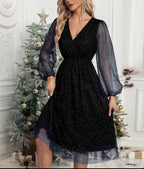 Robe Midi à Paillettes avec Manches Bouffantes Transparentes pour Femme | Idéale pour Soirées et Cérémonies