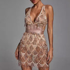 Robe Midi à Paillettes et Franges avec Col en V pour Femmes | Idéale pour les Soirées et Événements