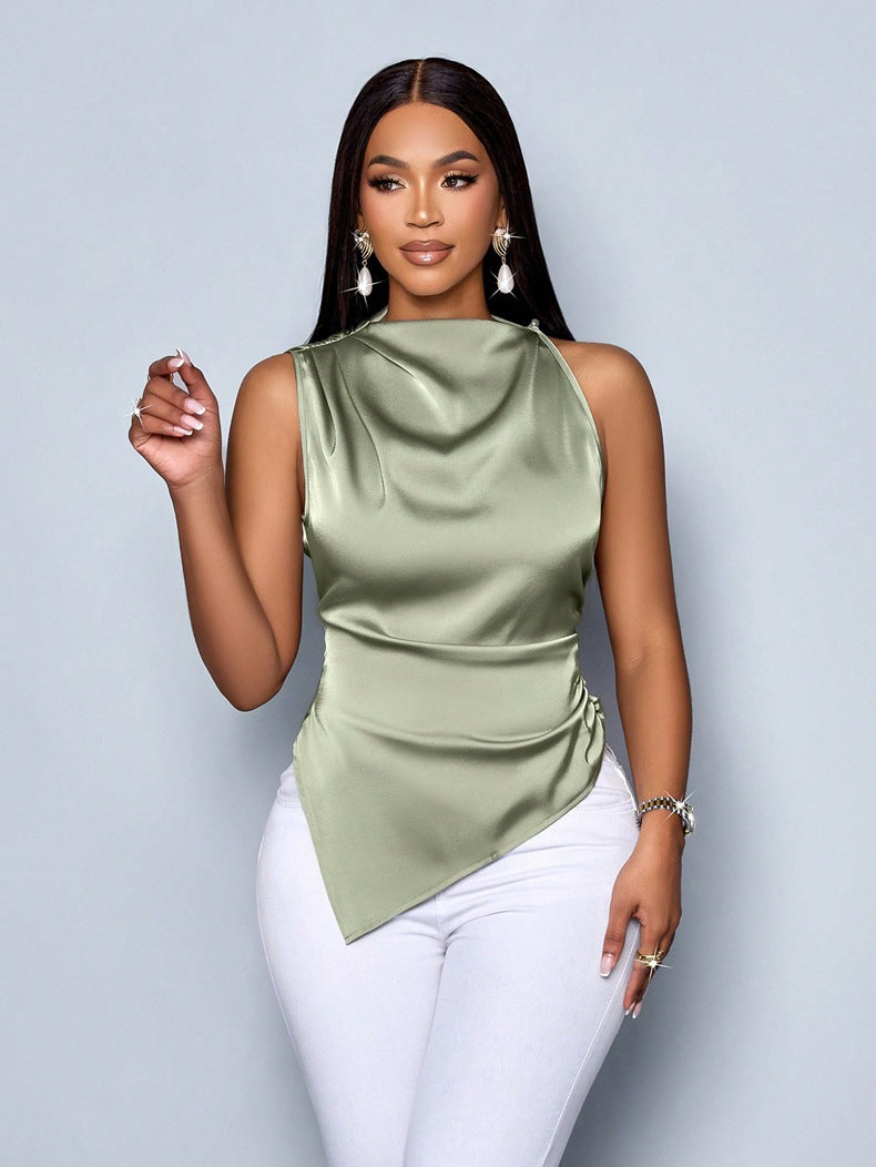 Top Sans Manches Slim Fit Avec Col Haut Et Ourlet Asymétrique Pour Femme | Idéal Pour Usage Quotidien