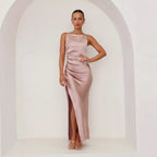 Robe Midi Avec Bretelles Spaghetti Et Encolure Drapée Pour Femme | Idéale Pour Les Occasions Formelles