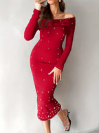 Robe Midi Off-Shoulder avec Coupe Ajustée pour Femme | Idéale pour Soirées et Événements