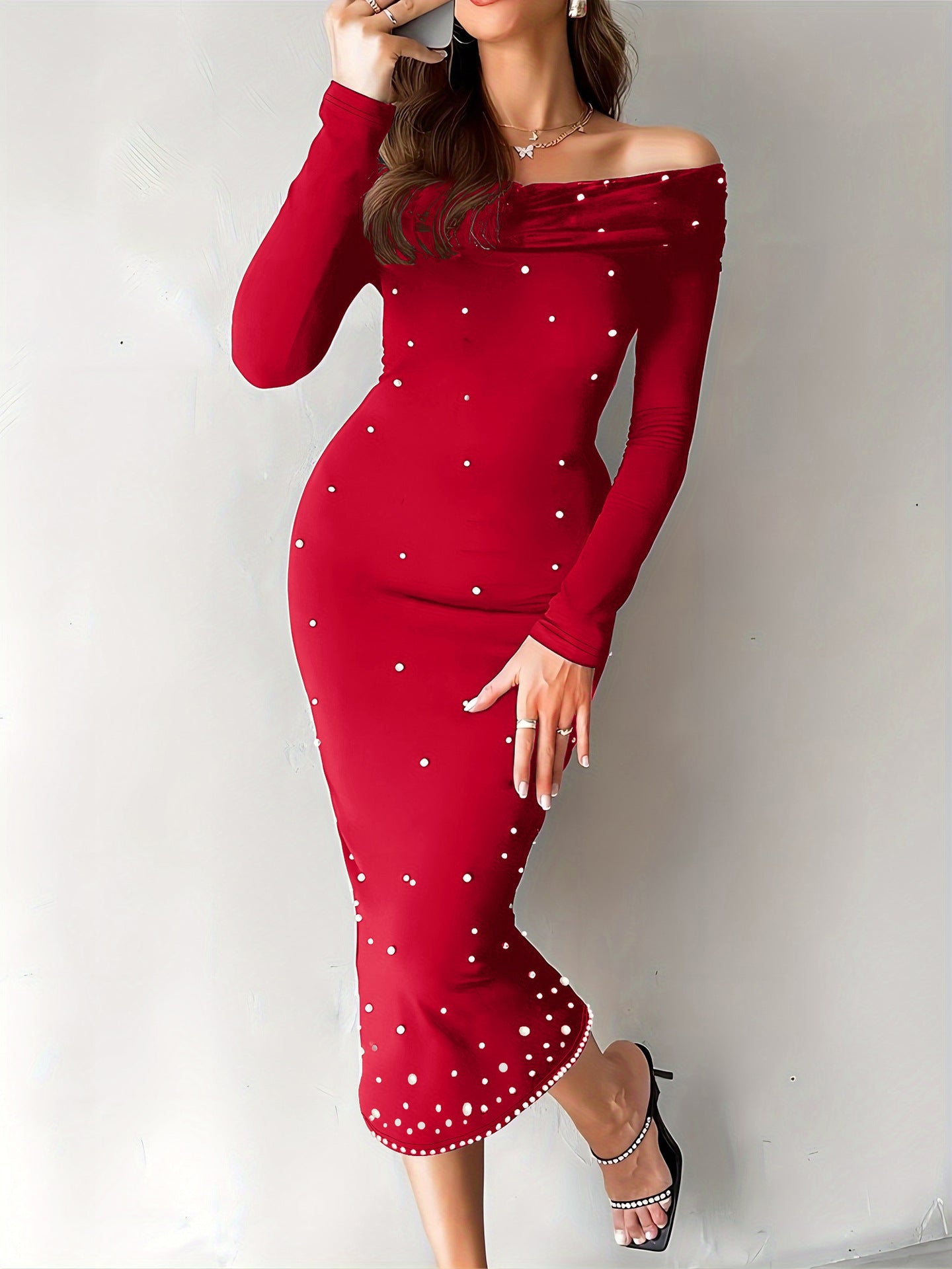 Robe Midi Off-Shoulder avec Coupe Ajustée pour Femme | Idéale pour Soirées et Événements