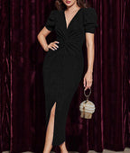 Robe Midi Ajustée avec Manches Bouffantes et Fente Latérale pour Femme | Idéale pour Événements et Cérémonies
