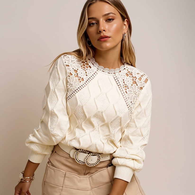 Pull à Manches Longues avec Détails en Dentelle pour Femme | Idéal pour la Mi-Saison