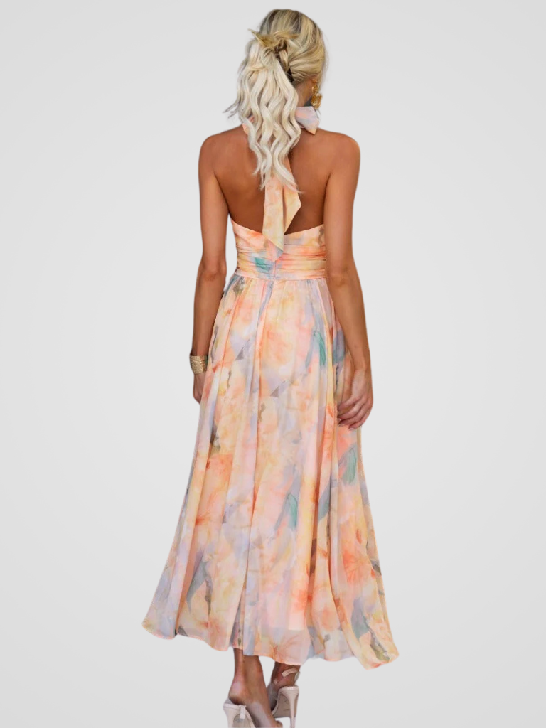 Robe Midi À Col Halter Avec Motif Imprimé Pour Femme | Idéale Pour Les Occasions Et Sorties