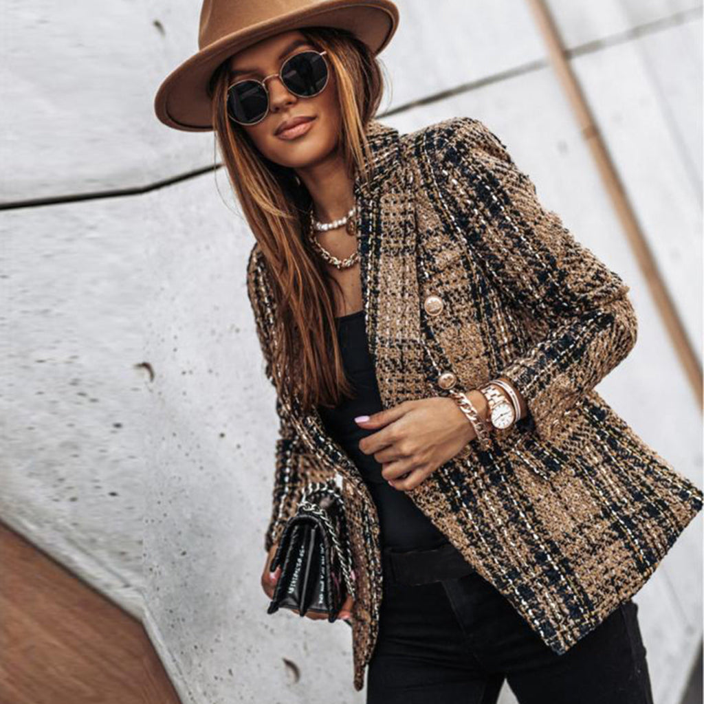 Blazer À Carreaux Camel Et Noir Avec Boutonnage Double Pour Femmes | Idéal Pour Le Travail Et Les Tenues Quotidiennes