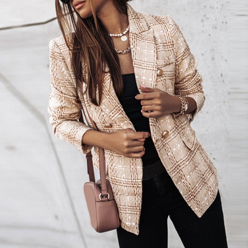 Blazer À Carreaux Camel Et Noir Avec Boutonnage Double Pour Femmes | Idéal Pour Le Travail Et Les Tenues Quotidiennes