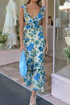 Robe Longue Avec Détails À Volants Et Motif Floral Pour Femme | Idéale Pour Le Jour Et La Soirée