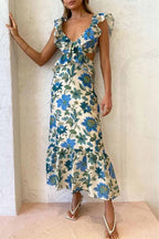 Robe Longue Avec Détails À Volants Et Motif Floral Pour Femme | Idéale Pour Le Jour Et La Soirée