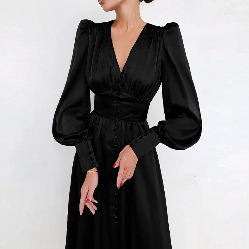 Robe Coupe A à Manches Lanterne avec Fermeture Zippée pour Femme | Idéale pour les Événements de Jour et de Soirée
