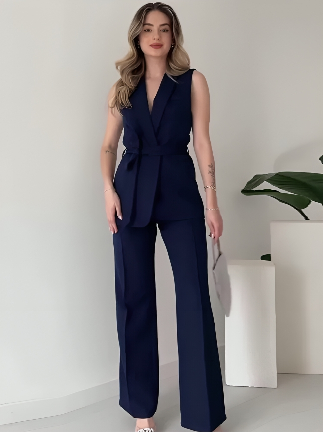 Ensemble Blazer Sans Manches Avec Ceinture Et Pantalon Taille Haute Pour Femme | Idéal Pour Le Travail Et Les Événements