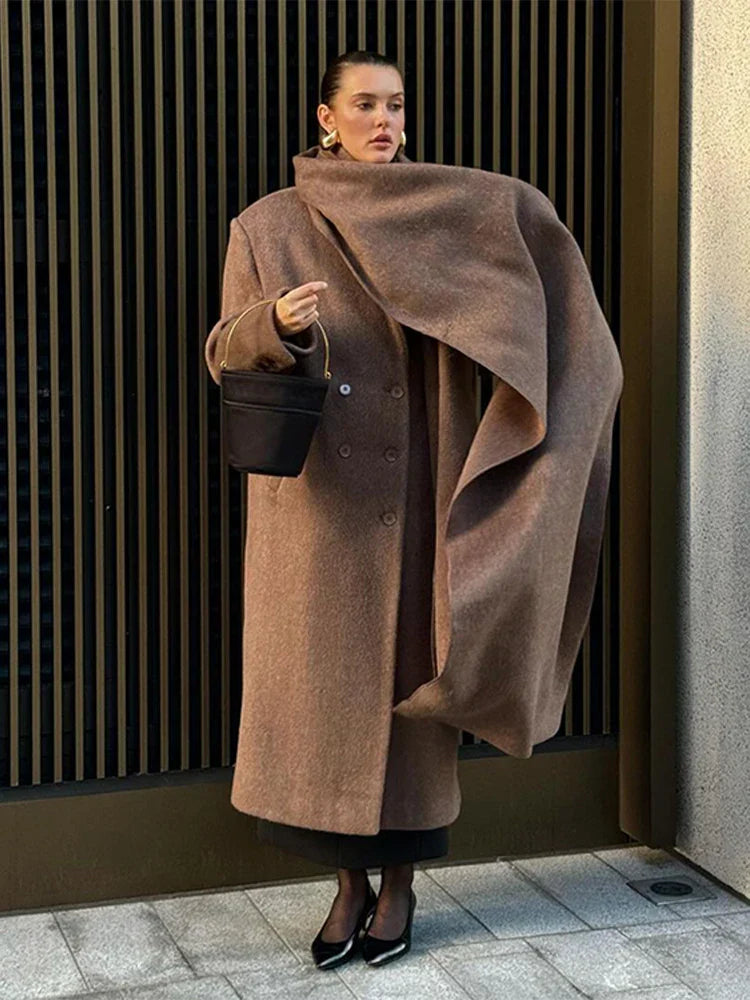Manteau Long Femme | Col Écharpe Élégant | Double Boutonnage | Idéal Automne & Hiver