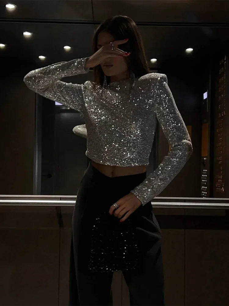 Haut Court à Manches Longues avec Détails à Sequins pour Femme | Idéal pour les Soirées et Sorties