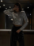 Haut Court à Manches Longues avec Détails à Sequins pour Femme | Idéal pour les Soirées et Sorties
