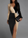 Robe Midi À Sequins avec Col En V Et Fente pour Femme | Idéale pour Les Soirées Et Événements Formels