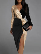 Robe Midi À Sequins avec Col En V Et Fente pour Femme | Idéale pour Les Soirées Et Événements Formels
