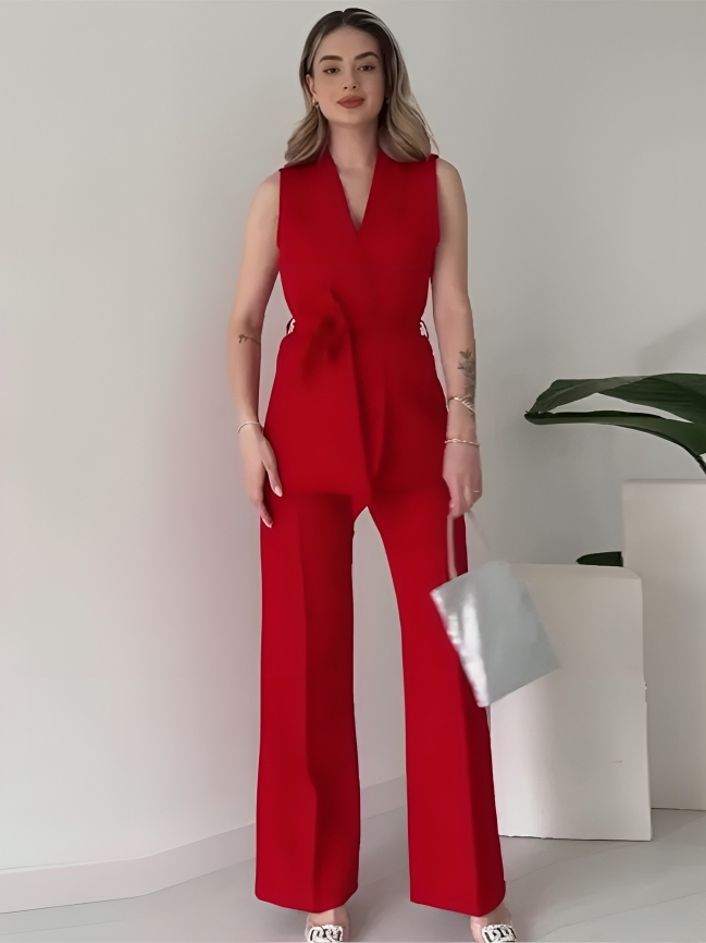 Ensemble Blazer Sans Manches Avec Ceinture Et Pantalon Taille Haute Pour Femme | Idéal Pour Le Travail Et Les Événements
