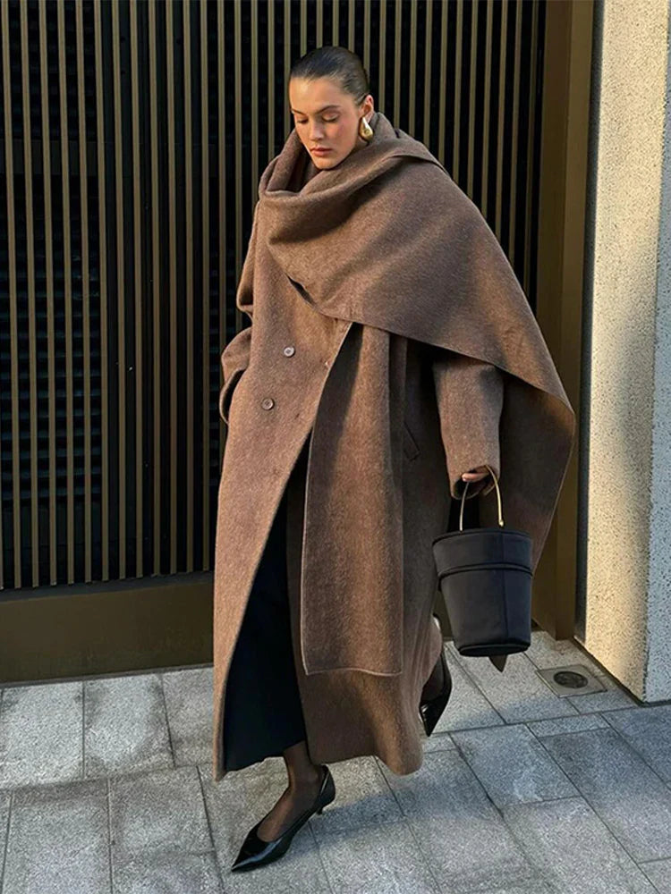 Manteau Long Femme | Col Écharpe Élégant | Double Boutonnage | Idéal Automne & Hiver