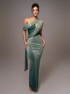 Robe De Soirée Asymétrique Avec Design Une Épaule Et Finition Métallisée Pour Femme | Idéale Pour Événements En Soirée